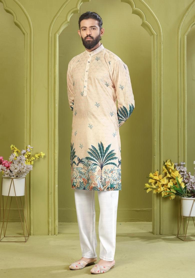 Beige Embroidered Rayon Kurta With Pyjama For Men - Indya