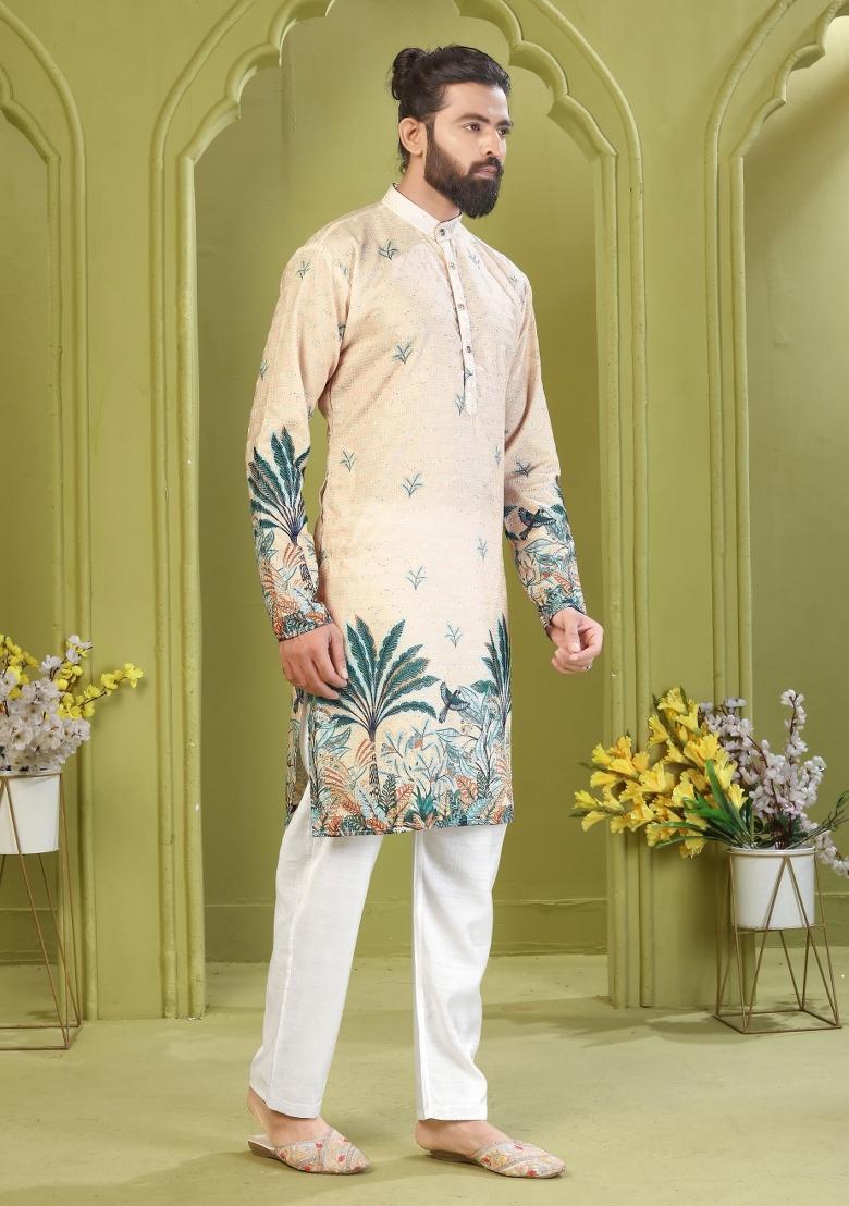 Beige Embroidered Rayon Kurta With Pyjama For Men - Indya