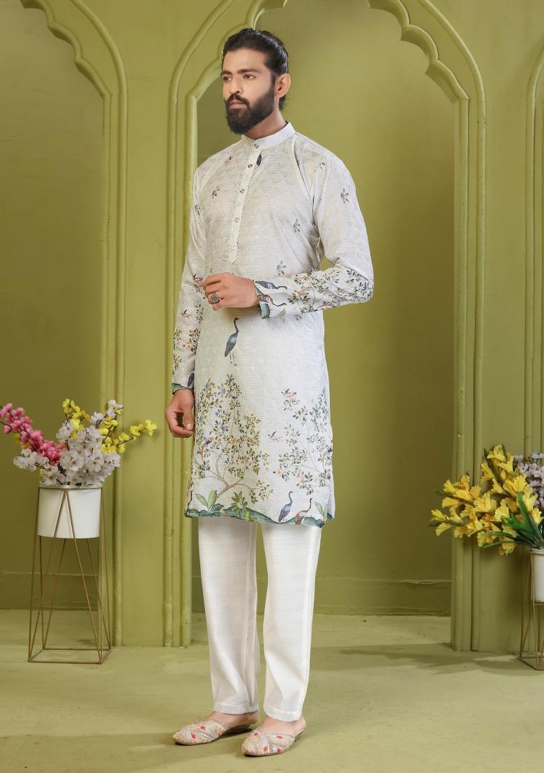 Light Blue Embroidered Rayon Kurta With Pyjama For Men - Indya