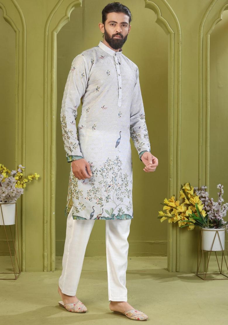 Light Blue Embroidered Rayon Kurta With Pyjama For Men - Indya