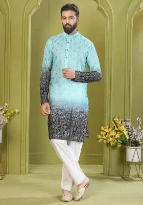 Blue Embroidered Rayon Kurta With Pyjama For Men