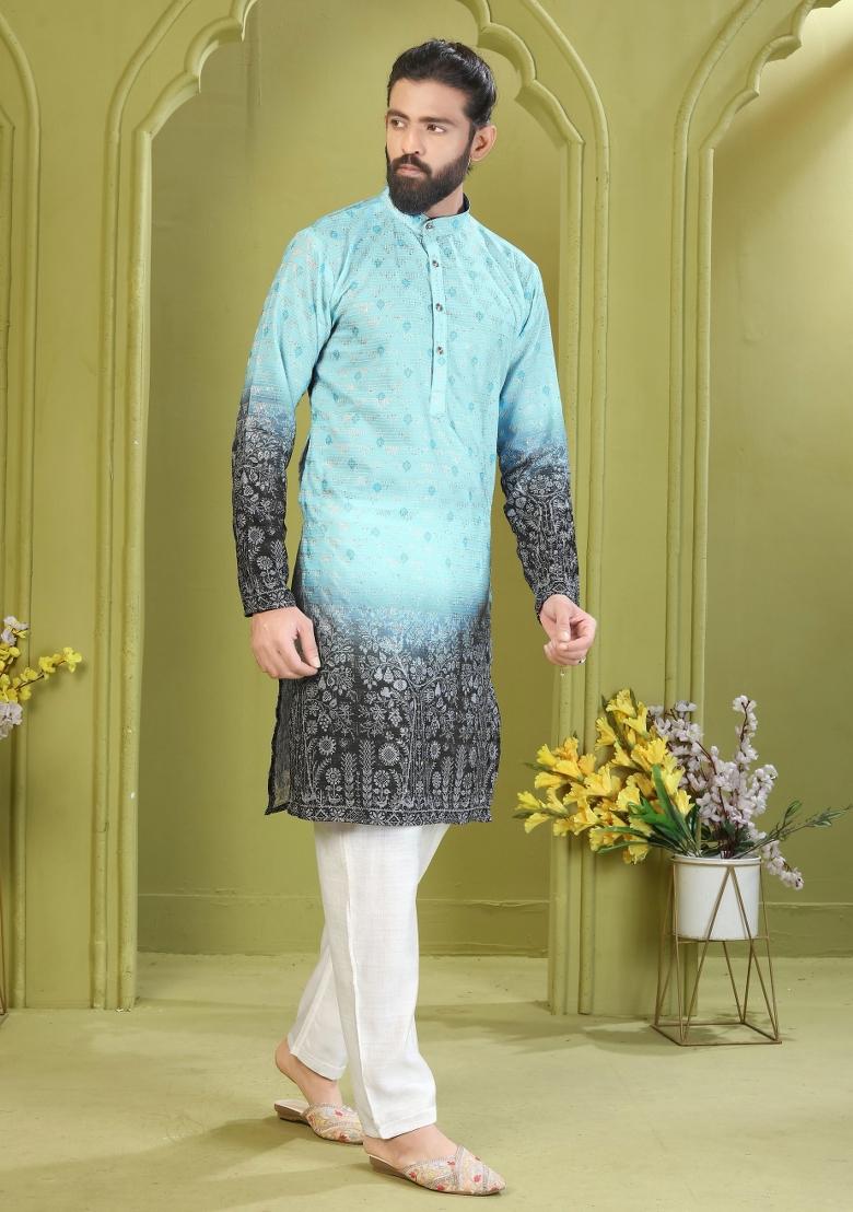 Blue Embroidered Rayon Kurta With Pyjama For Men - Indya