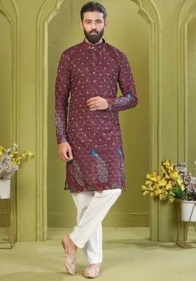 Wine Embroidered Rayon Kurta With Pyjama For Men
