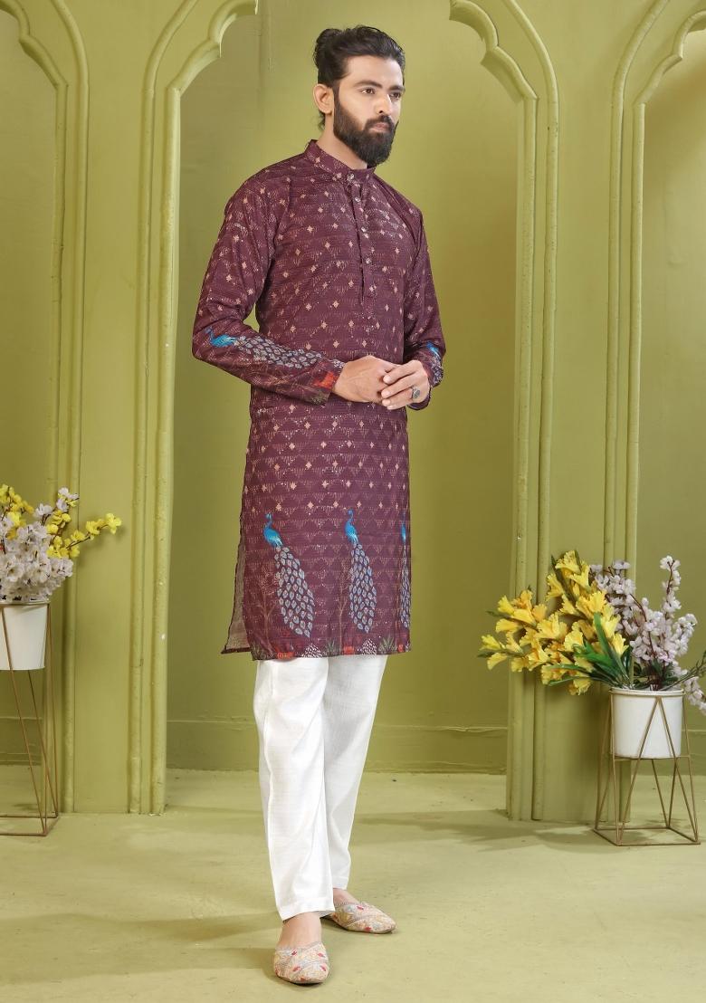 Wine Embroidered Rayon Kurta With Pyjama For Men - Indya