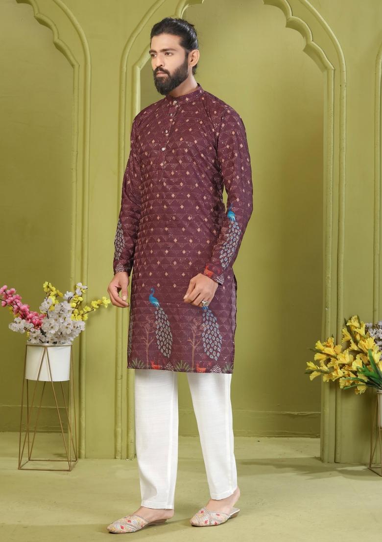 Wine Embroidered Rayon Kurta With Pyjama For Men - Indya