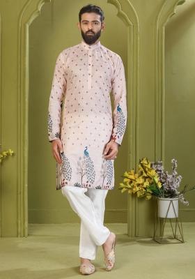 Cream Embroidered Rayon Kurta With Pyjama For Men