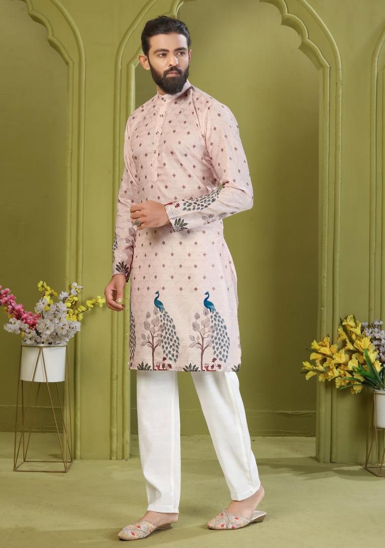 Cream Embroidered Rayon Kurta With Pyjama For Men - Indya