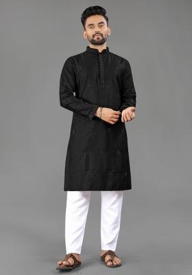 Black Embroidered Cotton Kurta With Pyjama For Men