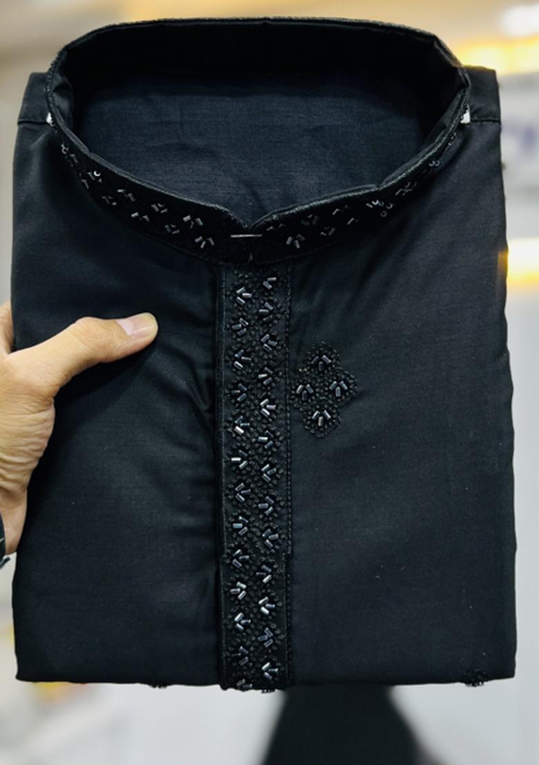 Black Embroidered Cotton Kurta With Pyjama For Men - Indya