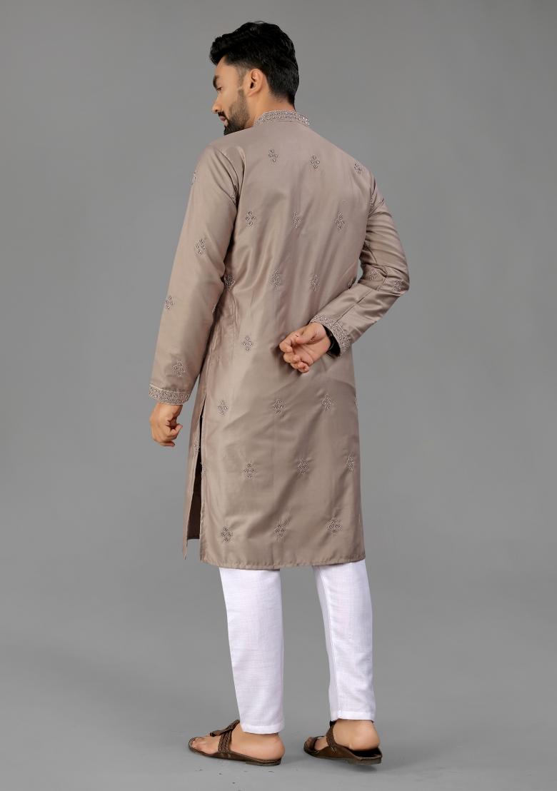 Brown Embroidered Cotton Kurta With Pyjama For Men - Indya