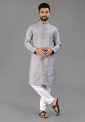 Grey Embroidered Cotton Kurta With Pyjama For Men