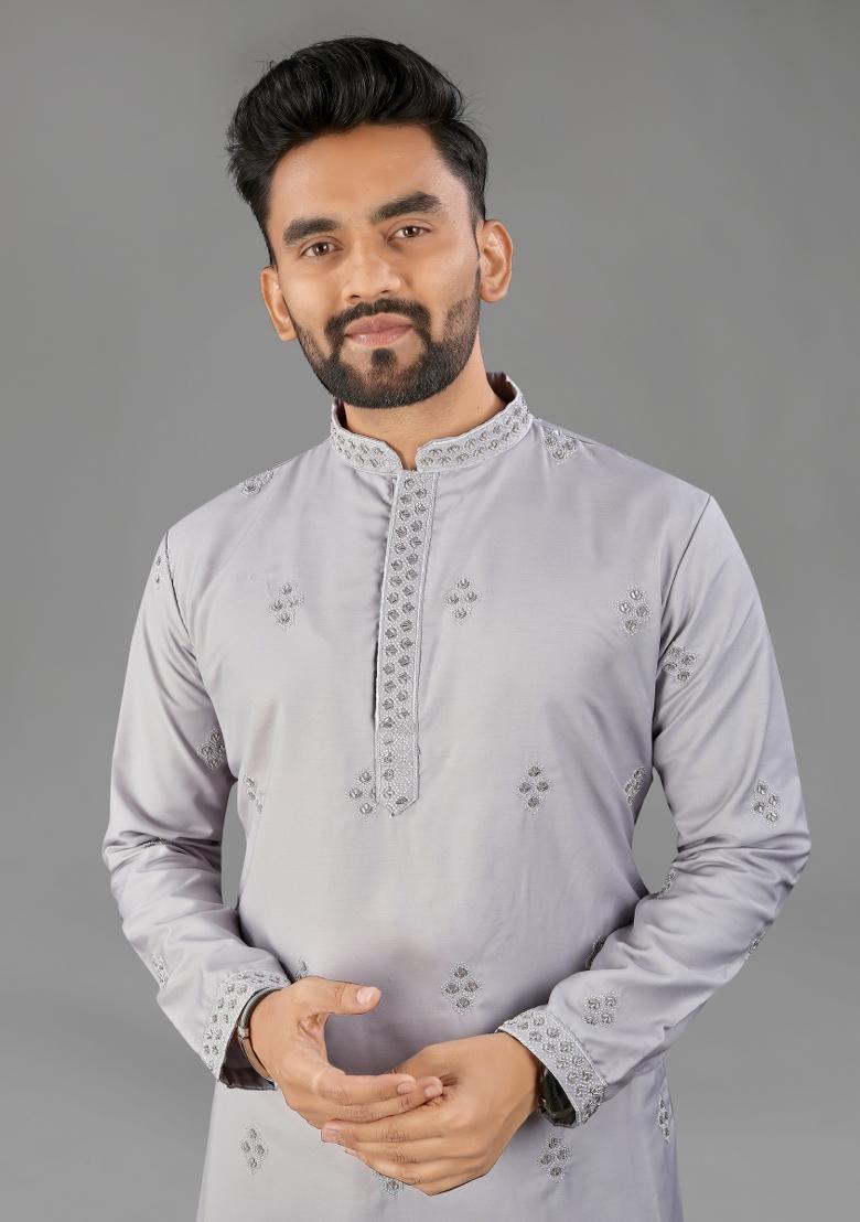 Grey Embroidered Cotton Kurta With Pyjama For Men - Indya