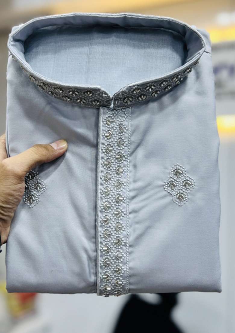 Grey Embroidered Cotton Kurta With Pyjama For Men - Indya