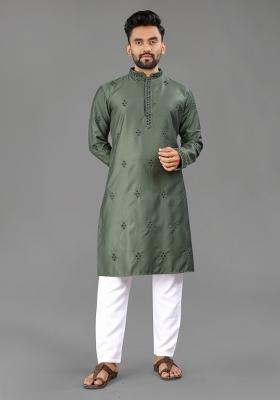 Olive Embroidered Cotton Kurta With Pyjama For Men