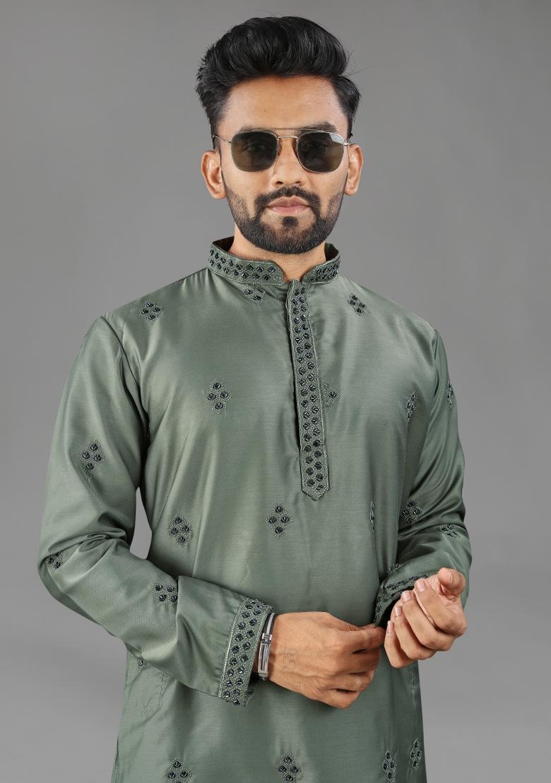Olive Embroidered Cotton Kurta With Pyjama For Men - Indya