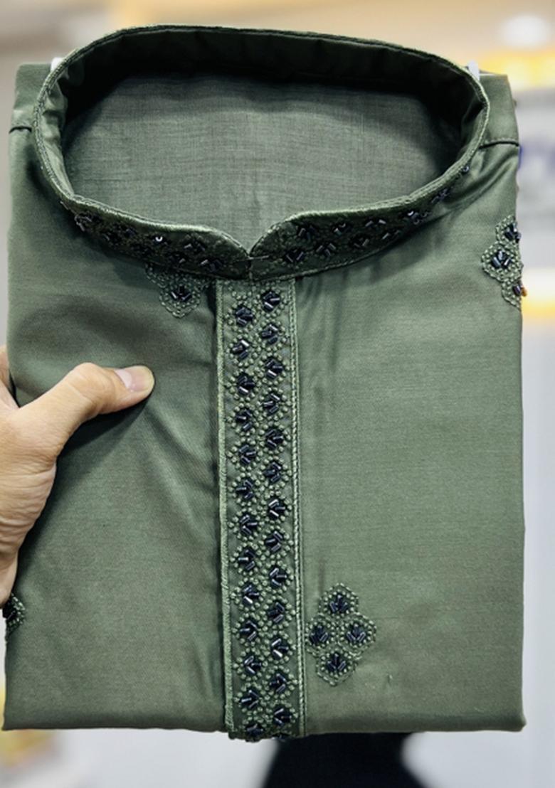 Olive Embroidered Cotton Kurta With Pyjama For Men - Indya