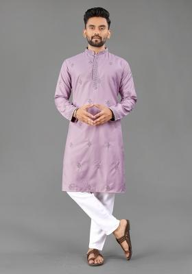 Purple Embroidered Cotton Kurta With Pyjama For Men