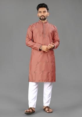 Rust Embroidered Cotton Kurta With Pyjama For Men