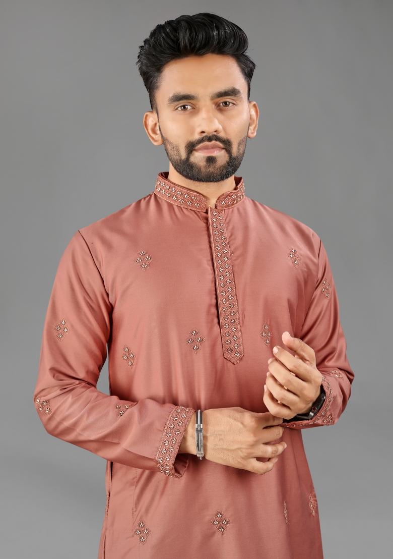 Rust Embroidered Cotton Kurta With Pyjama For Men - Indya