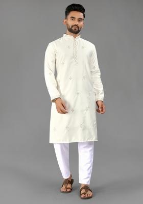 White Embroidered Cotton Kurta With Pyjama For Men