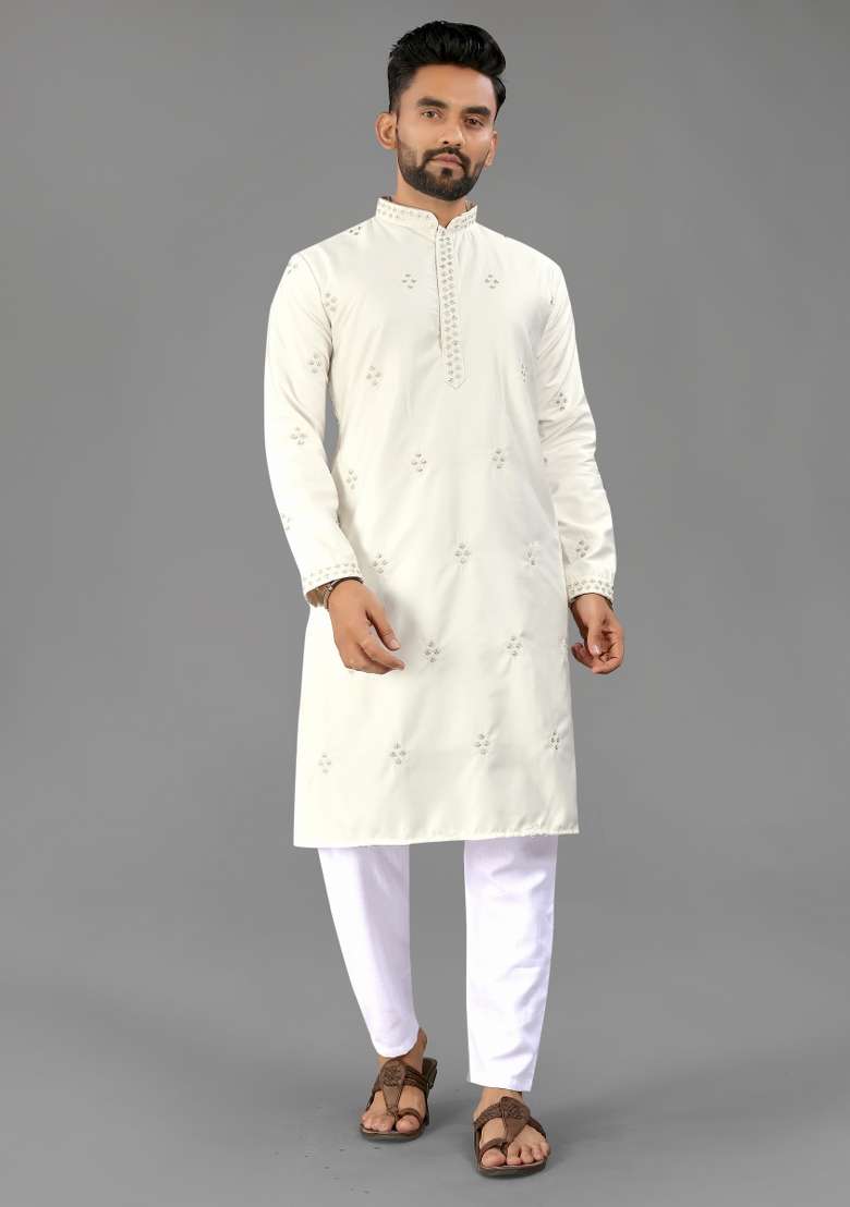 White Embroidered Cotton Kurta With Pyjama For Men - Indya