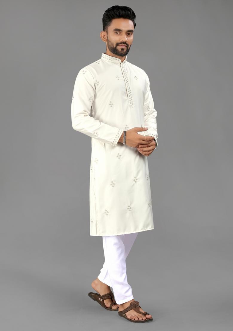White Embroidered Cotton Kurta With Pyjama For Men - Indya