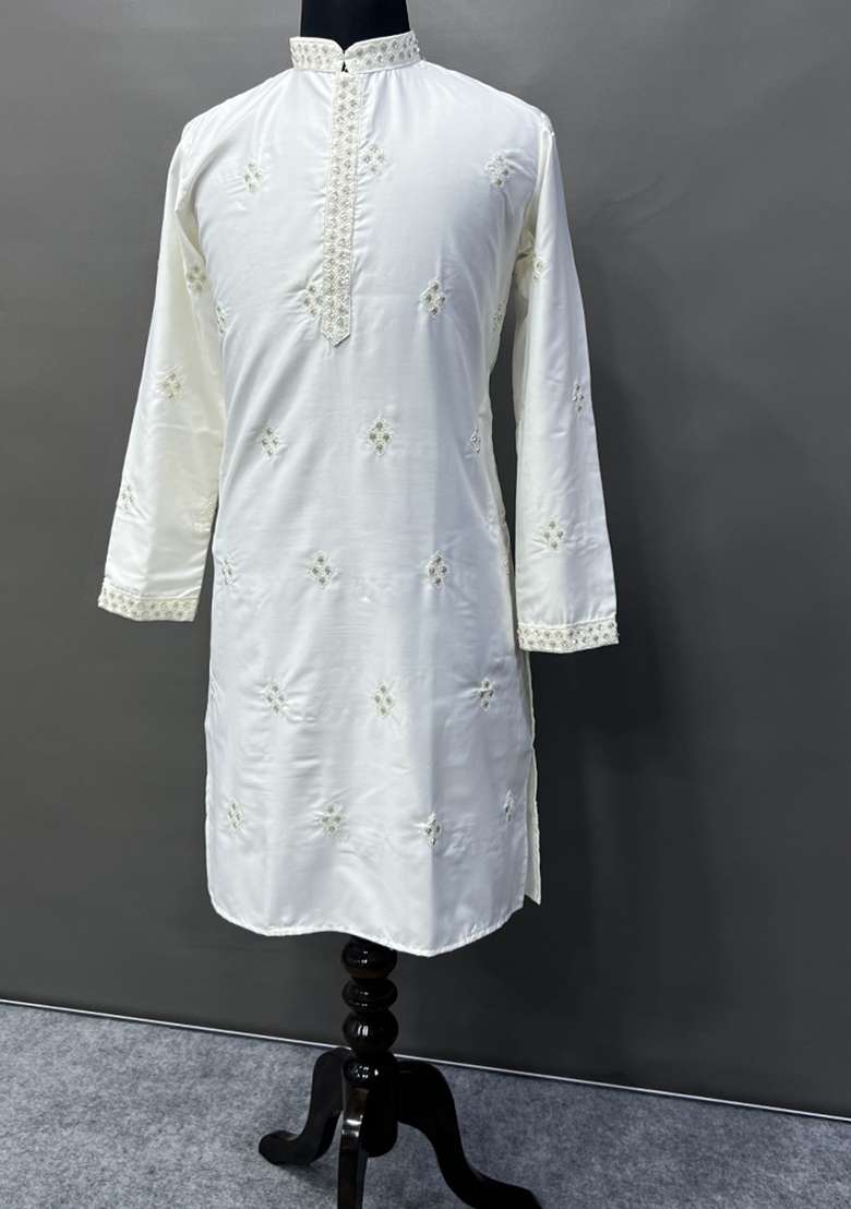 White Embroidered Cotton Kurta With Pyjama For Men - Indya