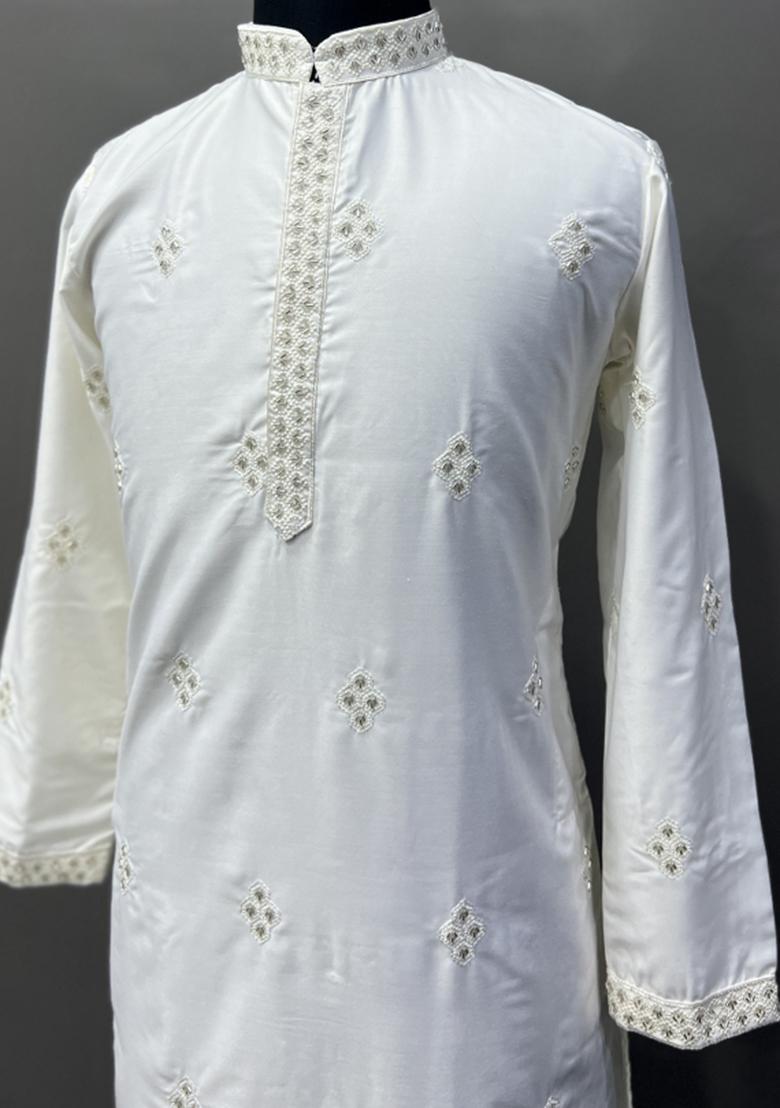 White Embroidered Cotton Kurta With Pyjama For Men - Indya
