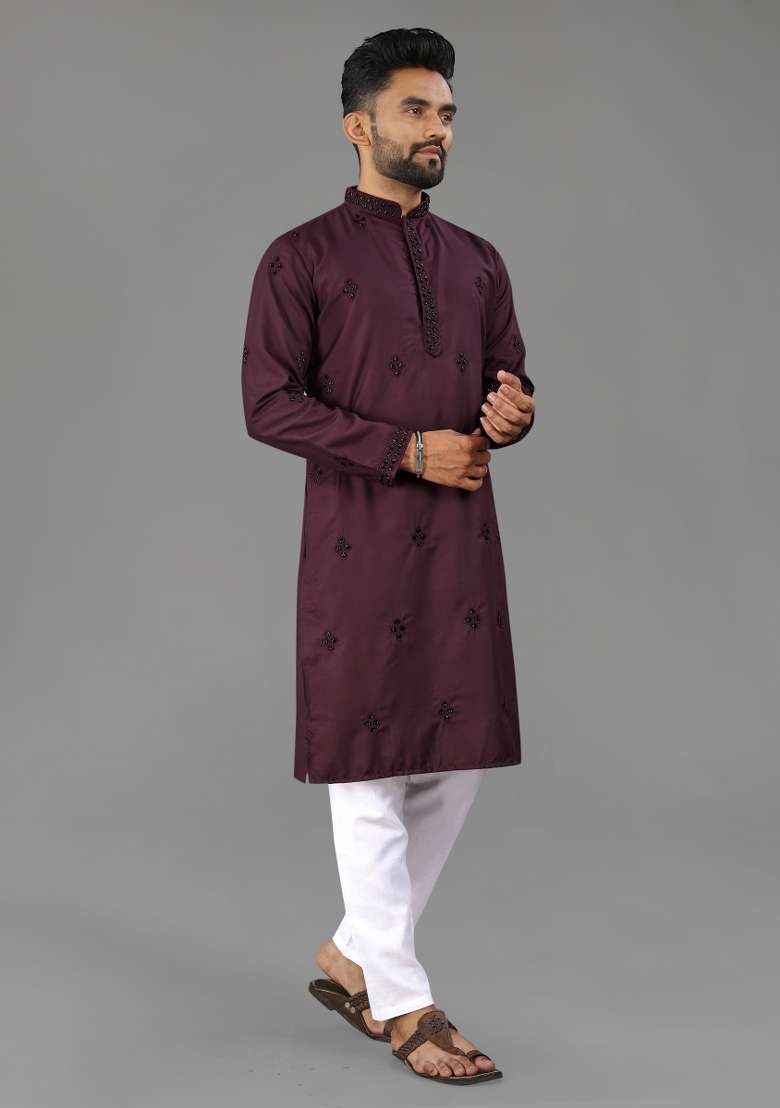 Wine Embroidered Cotton Kurta With Pyjama For Men - Indya