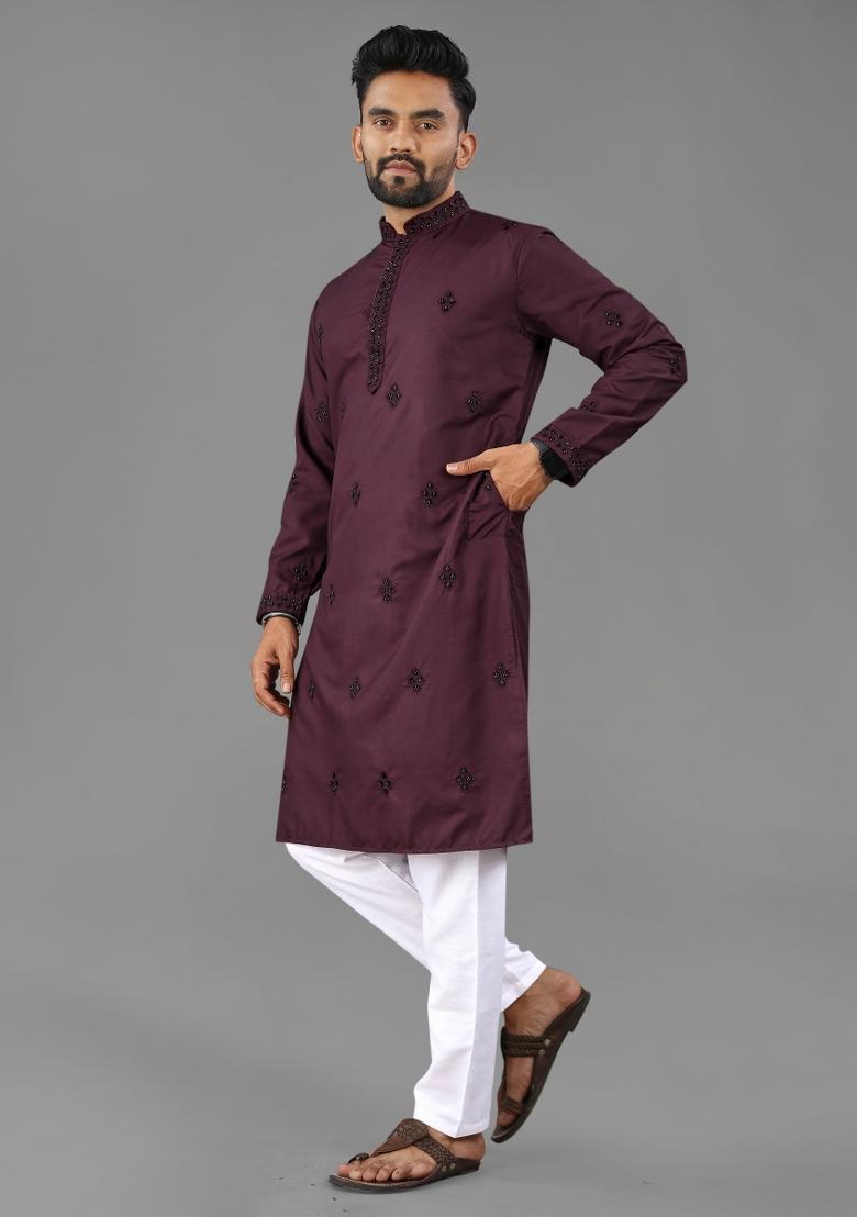 Wine Embroidered Cotton Kurta With Pyjama For Men - Indya