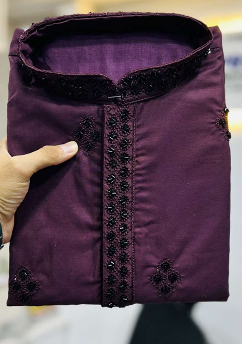 Wine Embroidered Cotton Kurta With Pyjama For Men - Indya