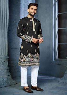 Black Embroidered Silk Kurta With Pyjama For Men
