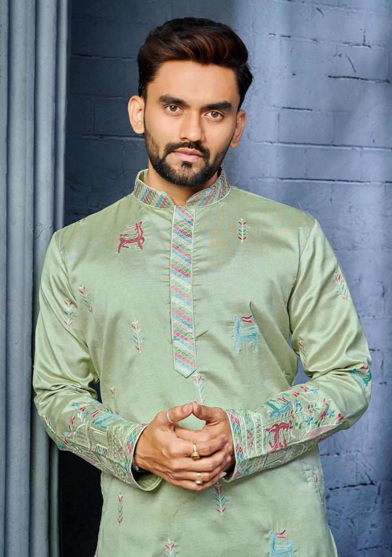 Light Green Embroidered Silk Kurta With Pyjama For Men - Indya