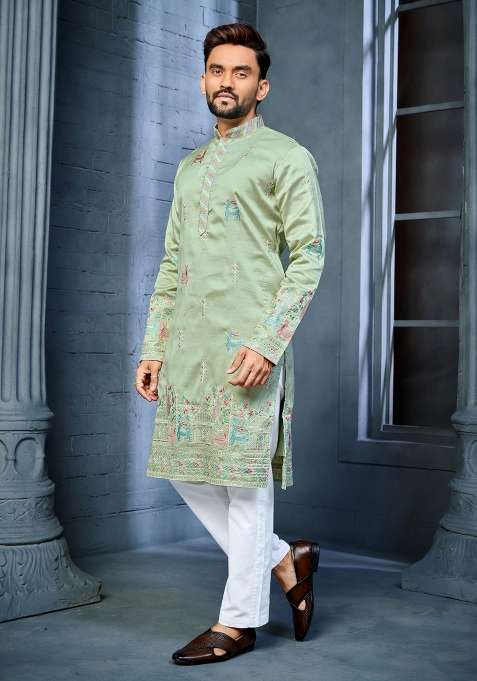 Light Green Embroidered Silk Blend Kurta With Pyjama For Men