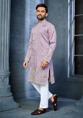 Purple Embroidered Silk Kurta With Pyjama For Men