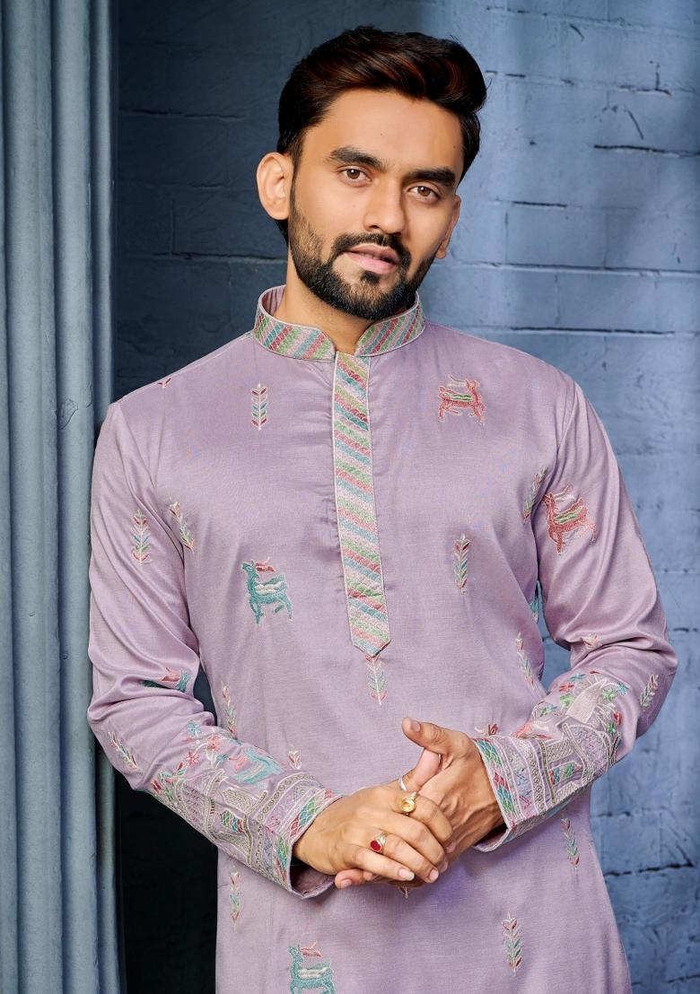 Purple Embroidered Silk Kurta With Pyjama For Men - Indya