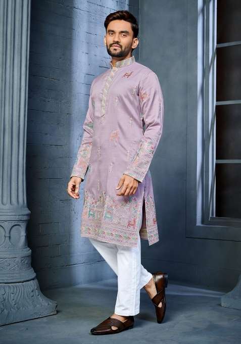 Purple Embroidered Silk Blend Kurta With Pyjama For Men