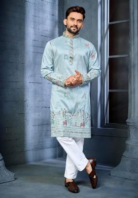 Light Blue Embroidered Silk Kurta With Pyjama For Men