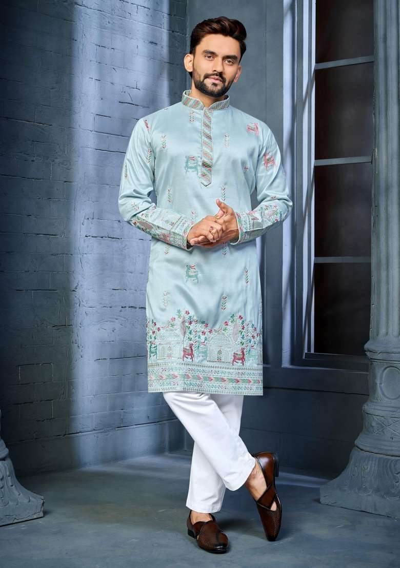 Light Blue Embroidered Silk Blend Kurta With Pyjama For Men - Indya