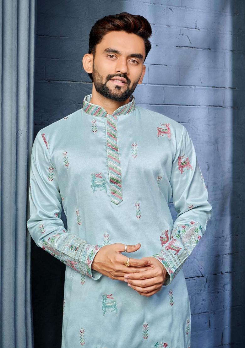 Light Blue Embroidered Silk Kurta With Pyjama For Men - Indya