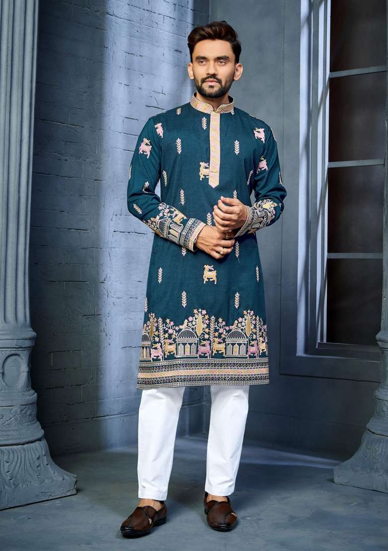 Teal Embroidered Silk Blend Kurta With Pyjama For Men - Indya