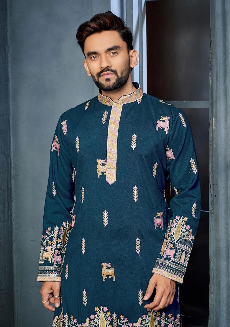 Teal Embroidered Silk Kurta With Pyjama For Men - Indya