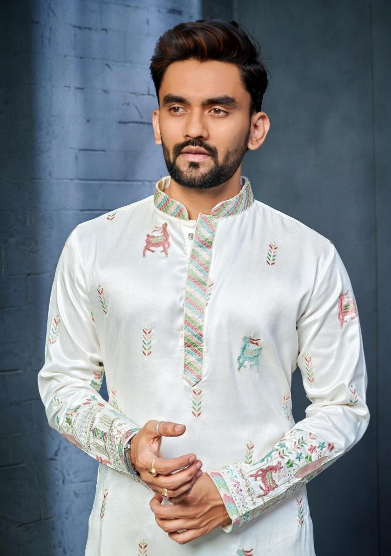 White Embroidered Silk Kurta With Pyjama For Men - Indya