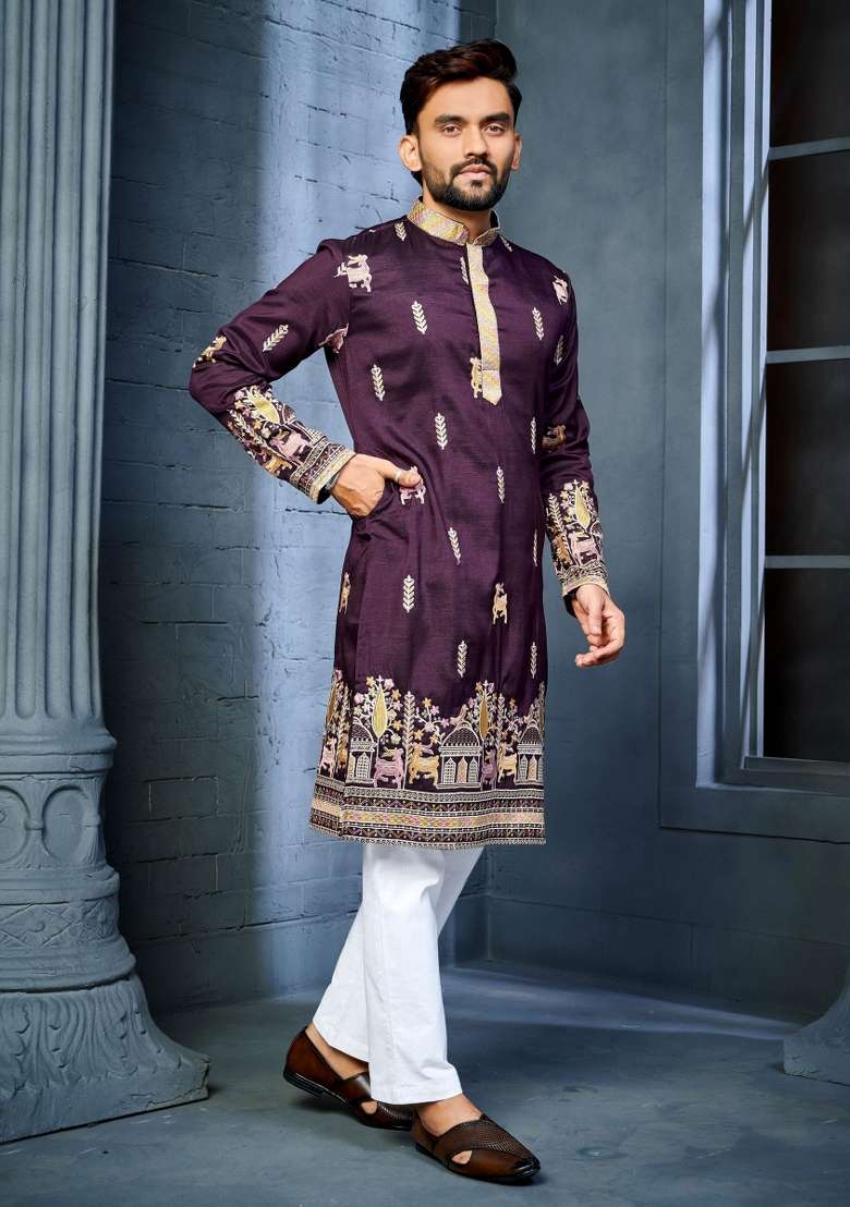 Wine Embroidered Silk Blend Kurta With Pyjama For Men - Indya