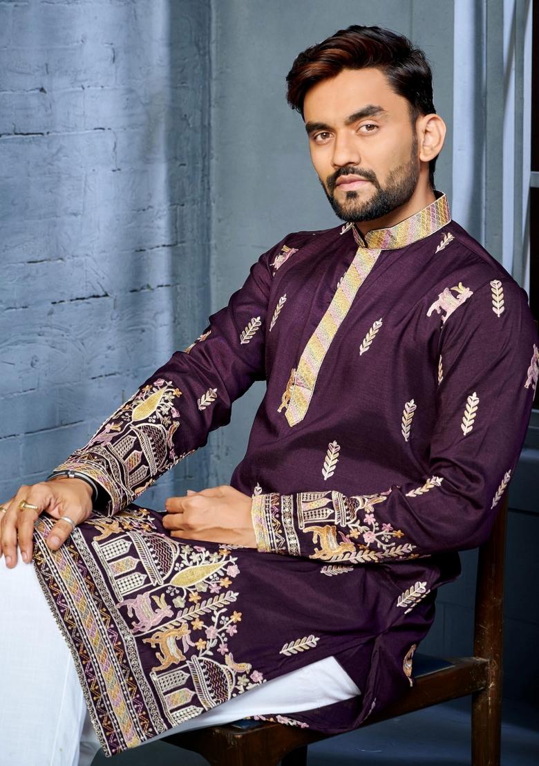Wine Embroidered Silk Kurta With Pyjama For Men - Indya