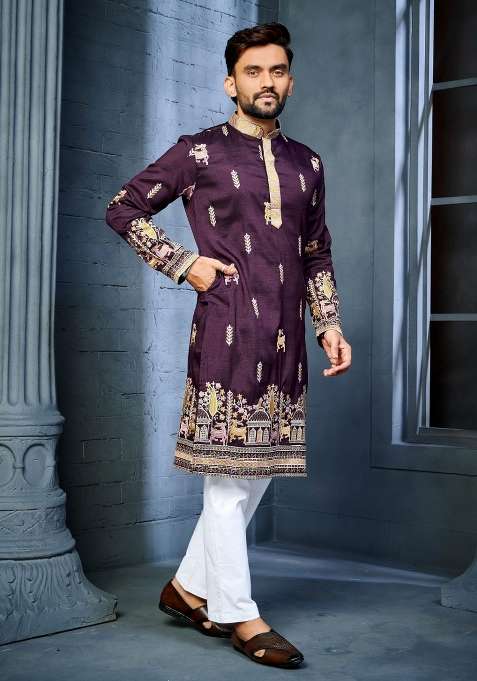 Wine Embroidered Silk Blend Kurta With Pyjama For Men
