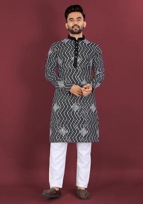 Black Embroidered Silk Kurta With Pyjama For Men