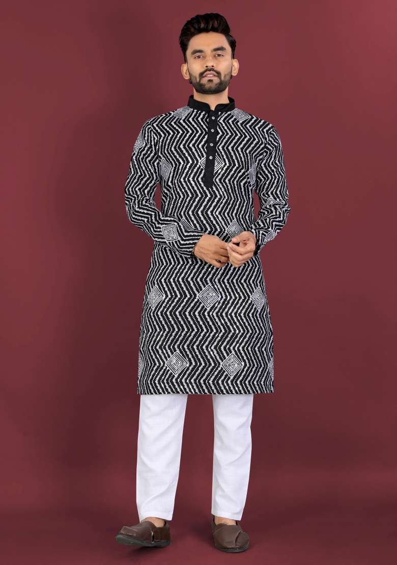 Black Embroidered Silk Blend Kurta With Pyjama For Men - Indya