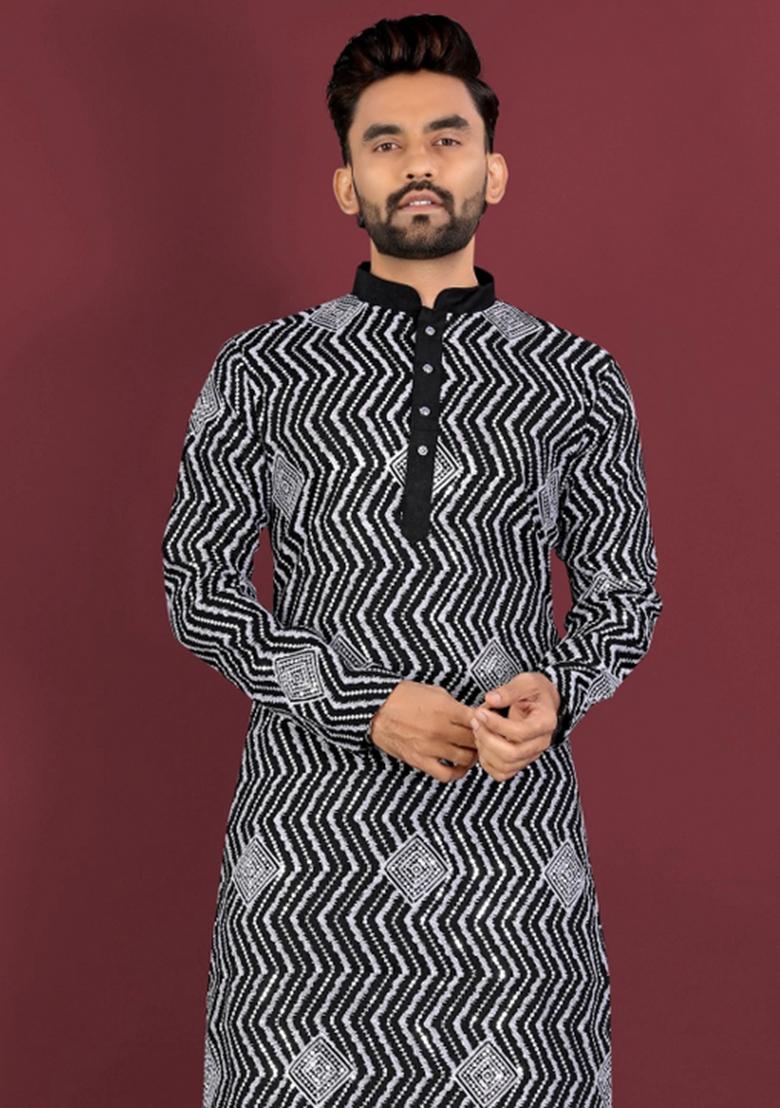 Black Embroidered Silk Kurta With Pyjama For Men - Indya