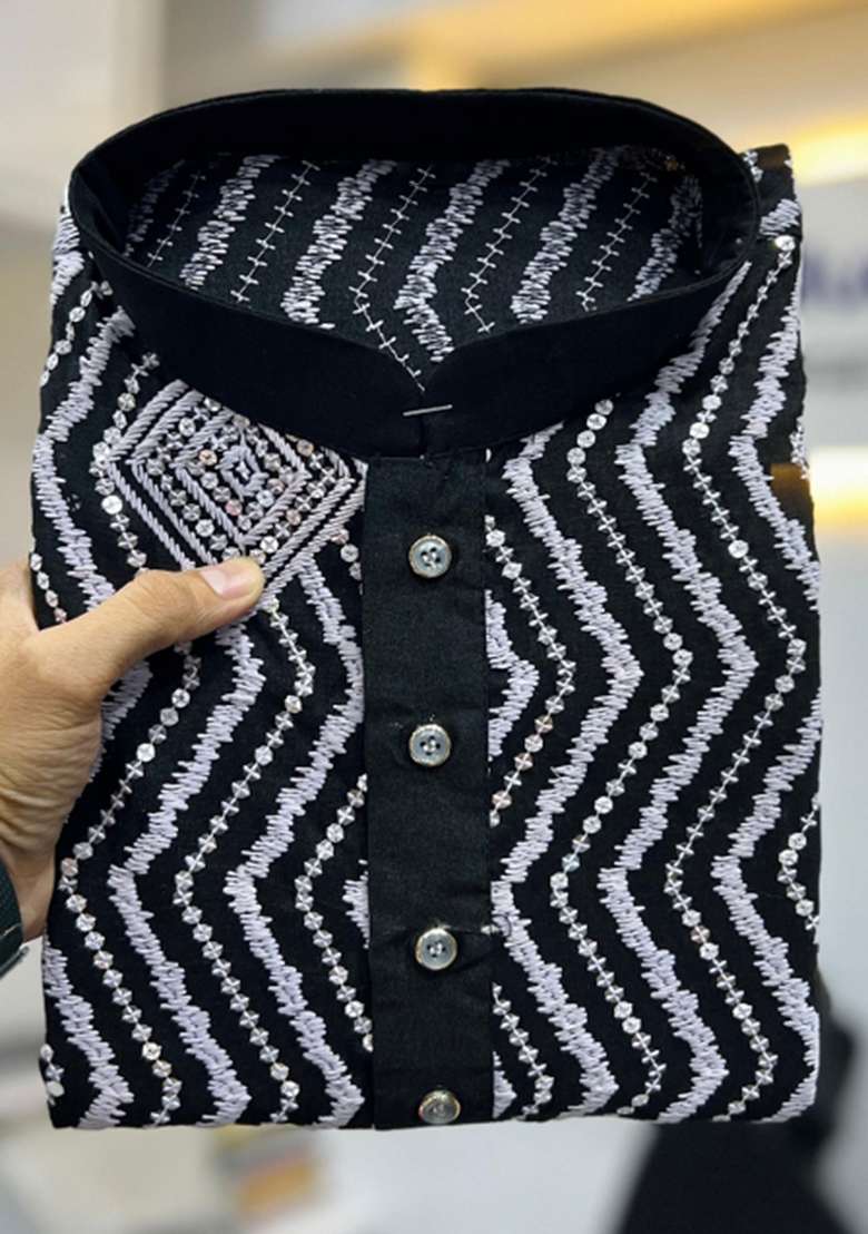 Black Embroidered Silk Blend Kurta With Pyjama For Men - Indya